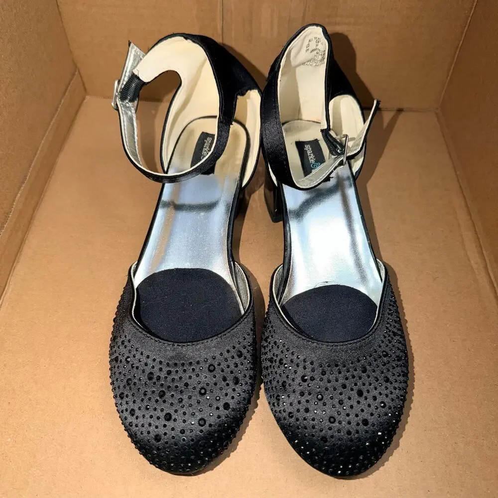 Sparkle & Tux Girls Womens Dress Shoes Black Satin Block Heel Ankle Strap Size 5